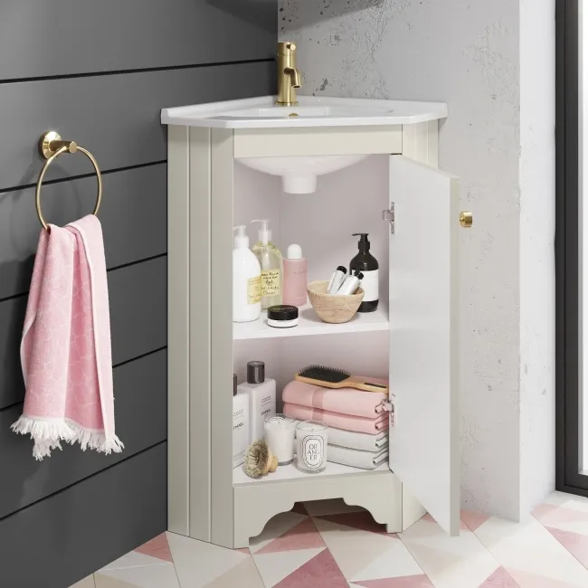 Lucia Chalk White Corner Basin Vanity 400mm - Brushed Brass Accents