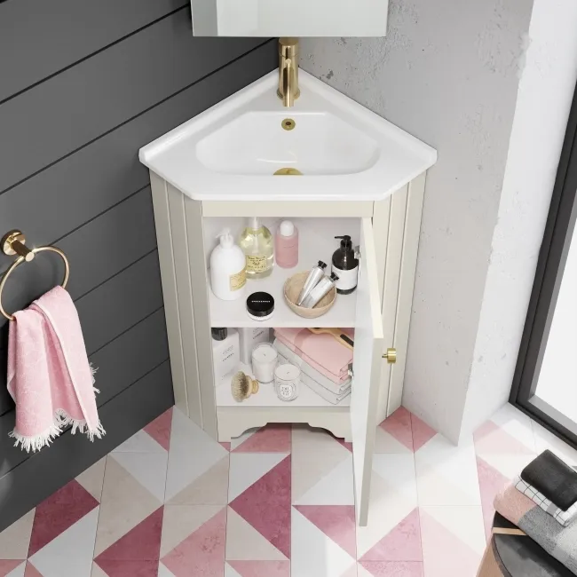 Lucia Chalk White Corner Basin Vanity 400mm - Brushed Brass Accents
