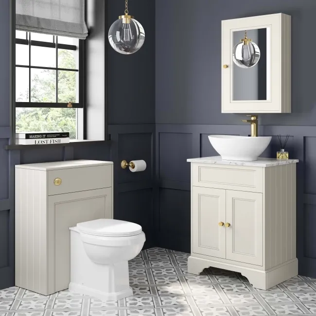 Lucia Chalk White Vanity with Marble Top & Oval Counter Top Basin 640mm - Brushed Brass Accents