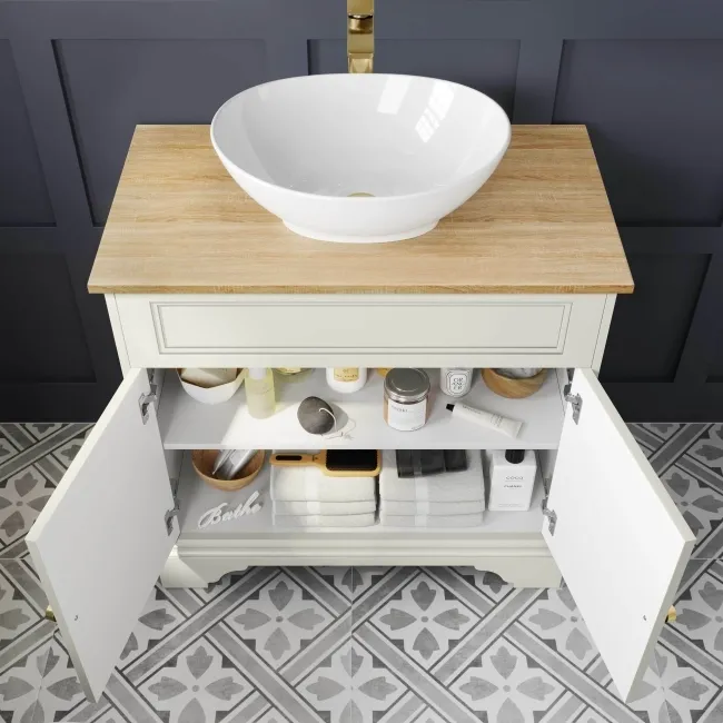 Lucia Chalk White Vanity with Oak Effect Top & Oval Counter Top Basin 840mm - Brushed Brass Accents