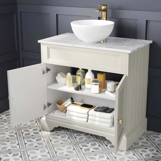 Lucia Chalk White Vanity with Marble Top & Round Counter Top Basin 840mm - Brushed Brass Accents