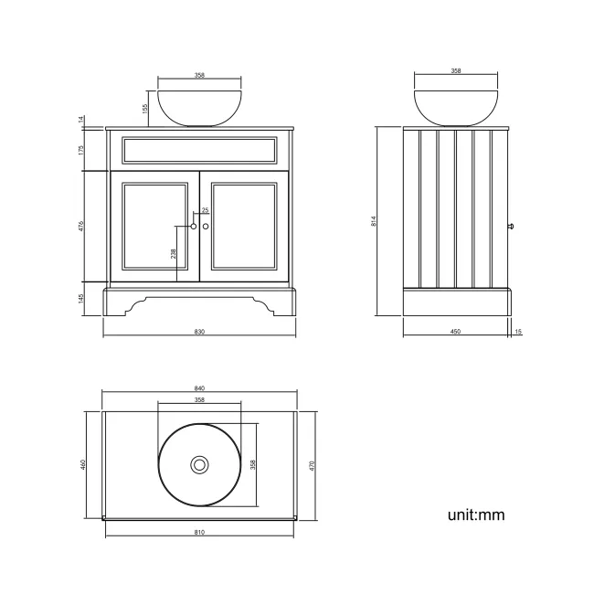 Lucia Chalk White Vanity with Marble Top & Round Counter Top Basin 840mm - Brushed Brass Accents