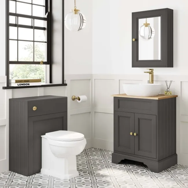 Lucia Graphite Grey Vanity with Oak Effect Top & Curved Counter Top Basin 640mm - Brushed Brass Accents