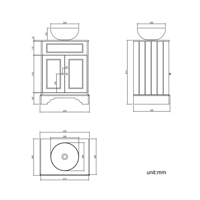 Lucia Graphite Grey Vanity with Marble Top & Round Counter Top Basin 640mm - Brushed Brass Accents
