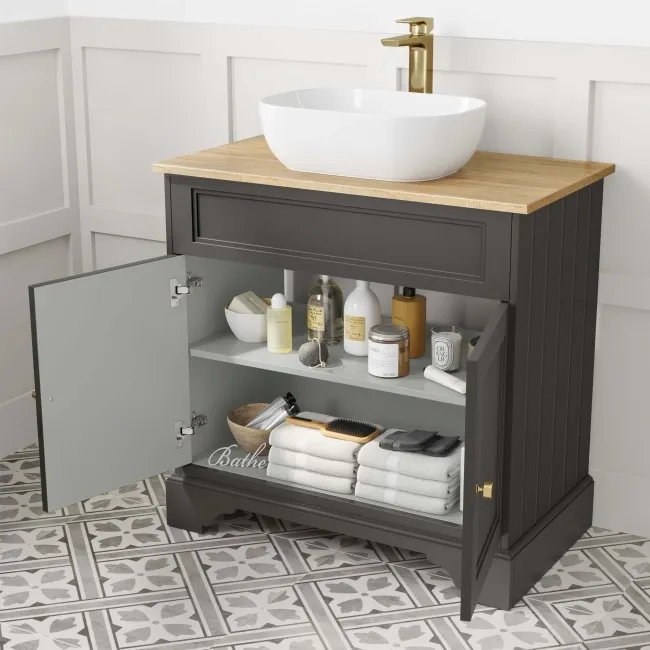 Lucia Graphite Grey Vanity with Oak Effect Top & Curved Counter Top Basin 840mm - Brushed Brass Accents