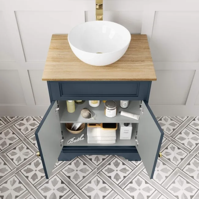 Lucia Inky Blue Vanity with Oak Effect Top & Round Counter Top Basin 640mm - Brushed Brass Accents
