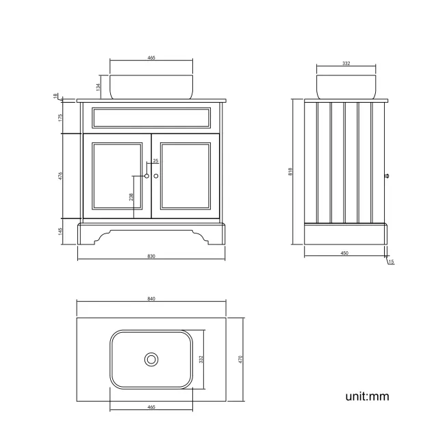 Lucia Inky Blue Vanity with Oak Effect Top & Curved Counter Top Basin 840mm - Brushed Brass Accents