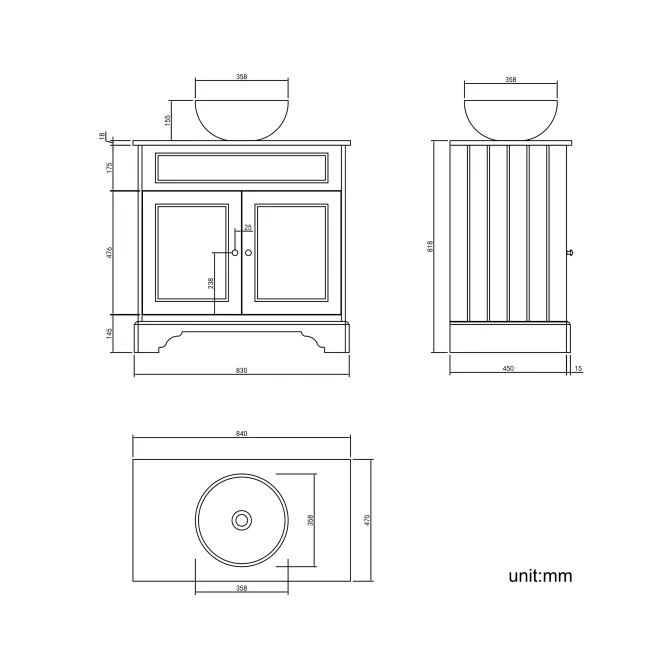 Lucia Midnight Green Vanity with Oak Effect Top & Round Counter Top Basin 840mm - Brushed Brass Accents