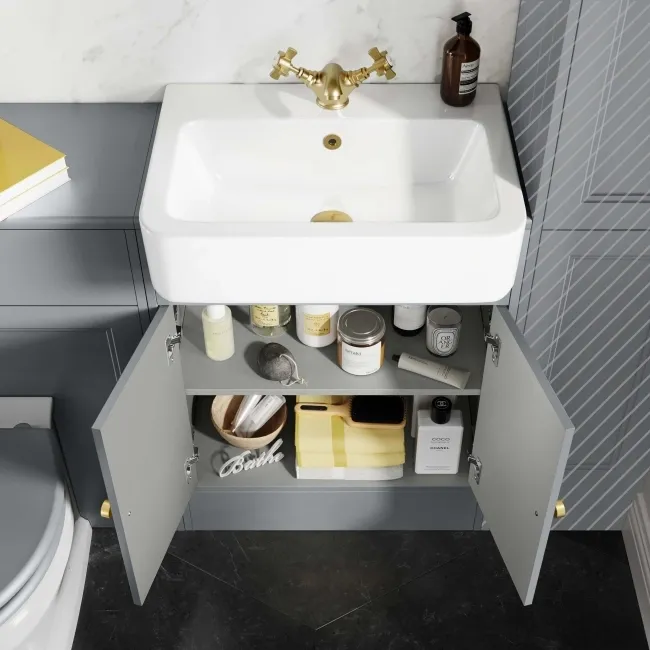 Monaco Dove Grey Combination Vanity Basin and Hudson Toilet with Wooden Seat 1200mm - Brushed Brass Accents