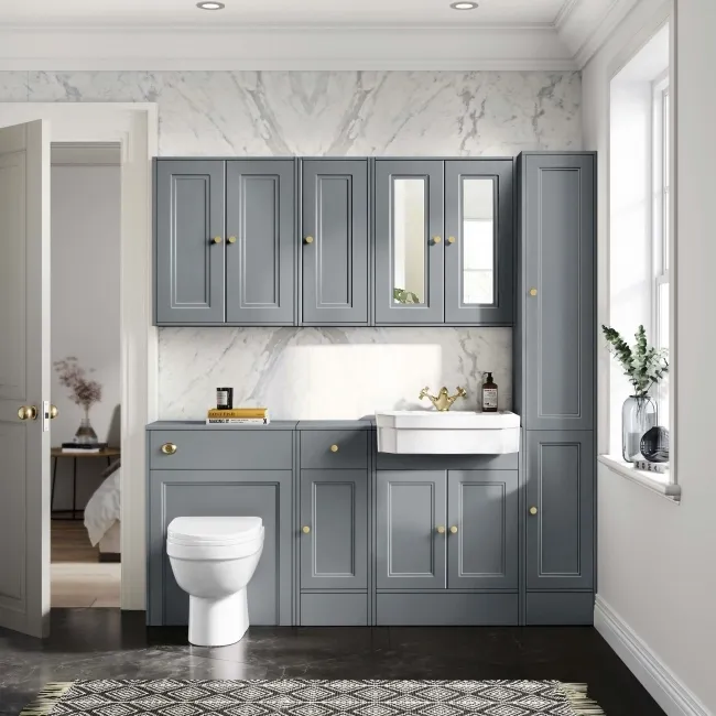 Monaco Dove Grey Combination Vanity Traditional Basin and Seattle Toilet 1500mm - Brushed Brass Accents