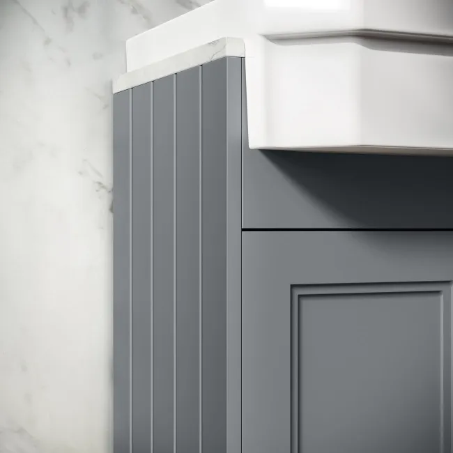 Monaco Dove Grey Combination Vanity Traditional Basin with Marble Top & Atlanta Toilet 1200mm - Brushed Brass Accents