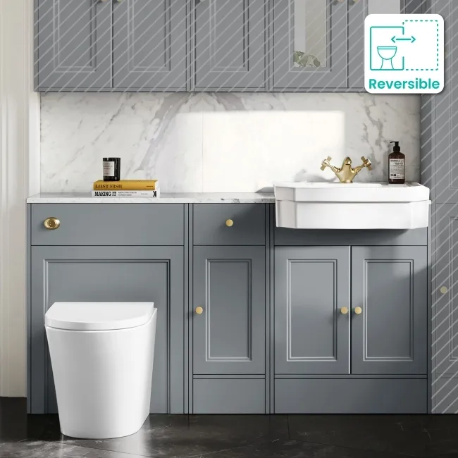 Monaco Dove Grey Combination Vanity Traditional Basin with Marble Top and Boston Toilet 1500mm - Brushed Brass Accents