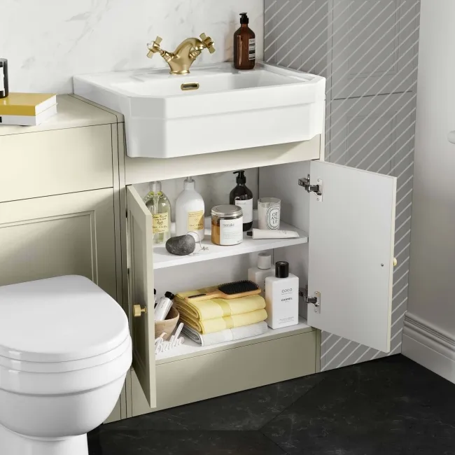 Monaco Chalk White Combination Vanity Traditional Basin and Seattle Toilet 1200mm - Brushed Brass Accents