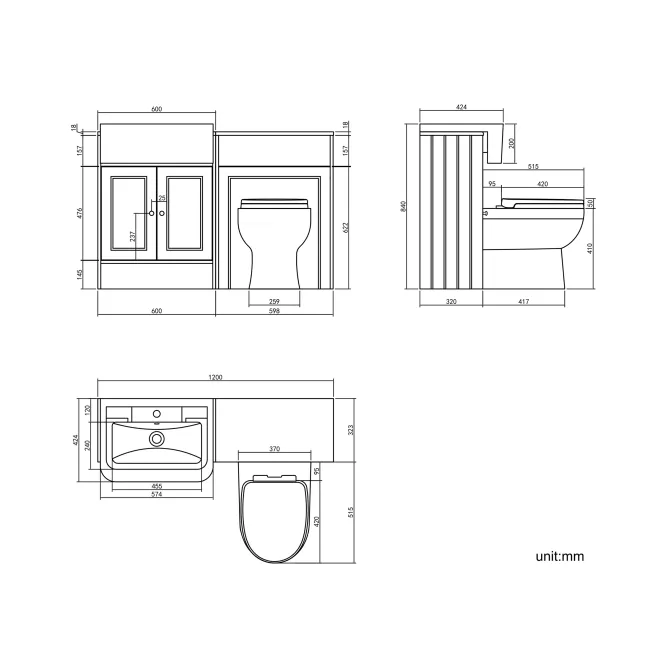 Monaco Chalk White Combination Vanity Traditional Basin and Seattle Toilet 1200mm - Brushed Brass Accents
