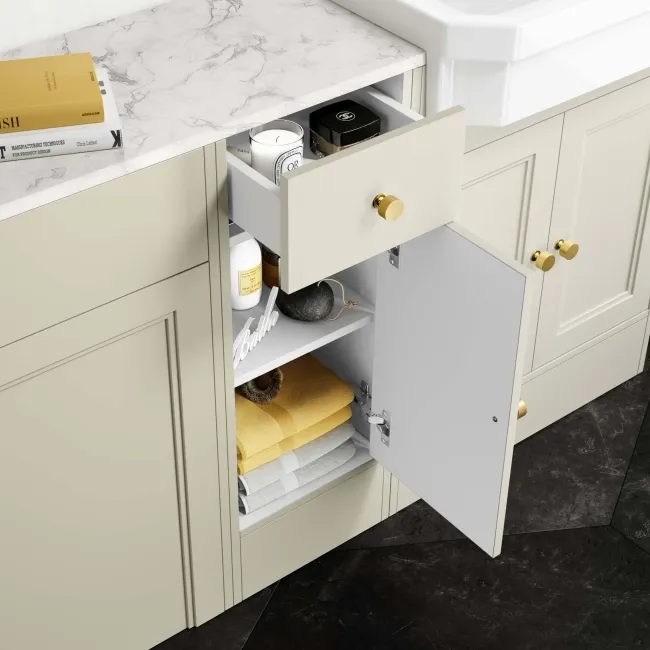 Monaco Chalk White Combination Vanity Traditional Basin with Marble Top and Seattle Toilet 1500mm - Brushed Brass Accents