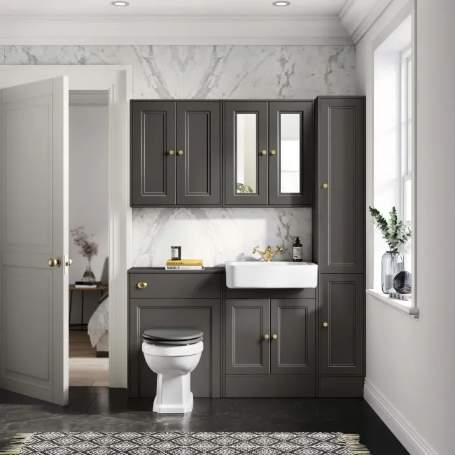 Monaco Graphite Grey Combination Vanity Basin and Hudson Toilet with Wooden Seat 1200mm - Brushed Brass Accents