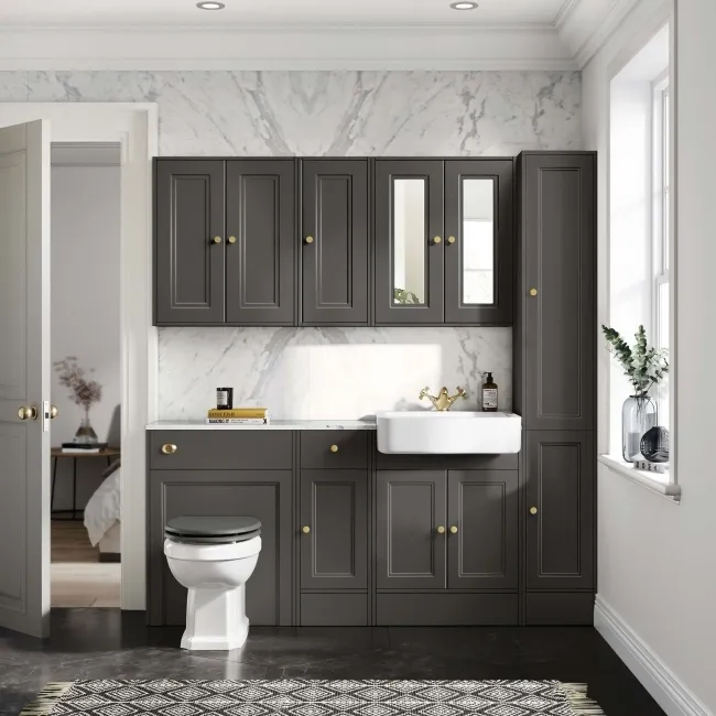 Monaco Graphite Grey Combination Vanity Basin with Marble Top and Hudson Toilet with Wooden Seat 1500mm - Brushed Brass Accents
