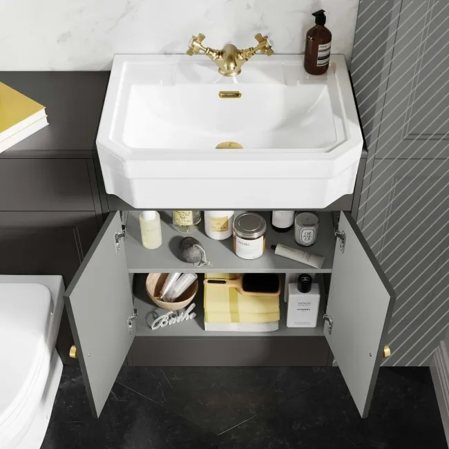 Monaco Graphite Grey Combination Vanity Traditional Basin and Seattle Toilet 1200mm - Brushed Brass Accents