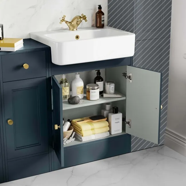 Monaco Inky Blue Combination Vanity Basin and Seattle Toilet 1500mm - Brushed Brass Accents