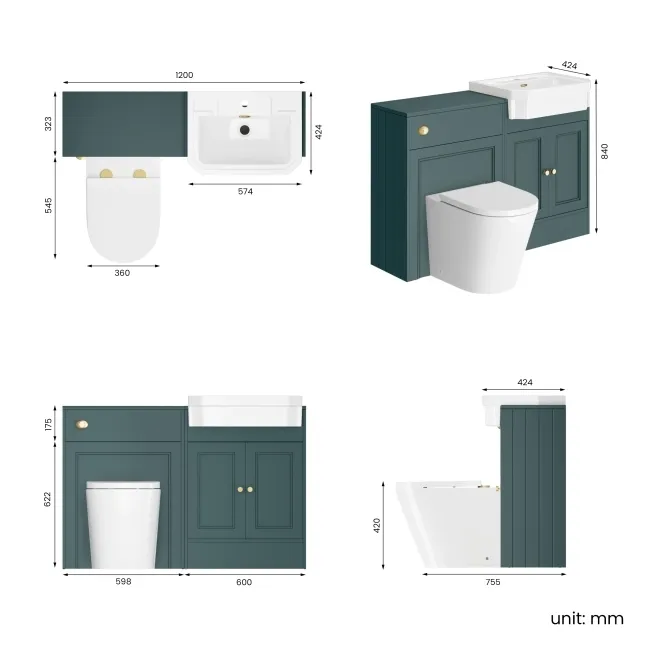 Monaco Midnight Green Combination Vanity Traditional Basin and Boston Toilet 1200mm - Brushed Brass Accents