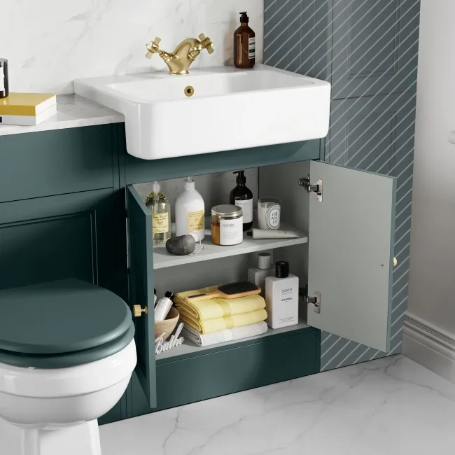 Monaco Midnight Green Combination Vanity Basin with Marble Top & Hudson Toilet with Wooden Seat 1200mm - Brushed Brass Accents