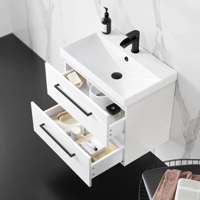 Elba Gloss White Wall Hung Basin Drawer Vanity 600mm - Black Accents