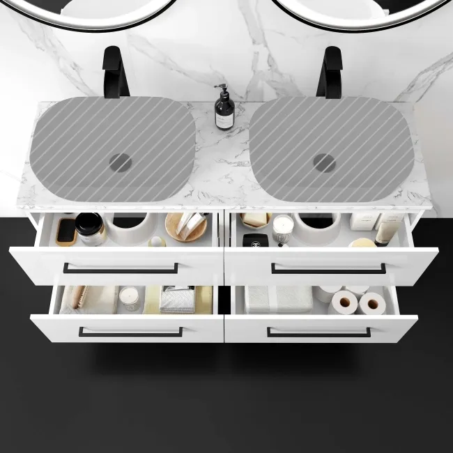 Elba Gloss White Wall Hung Drawer with Marble Top 1200mm Excludes Basins - Black Accents