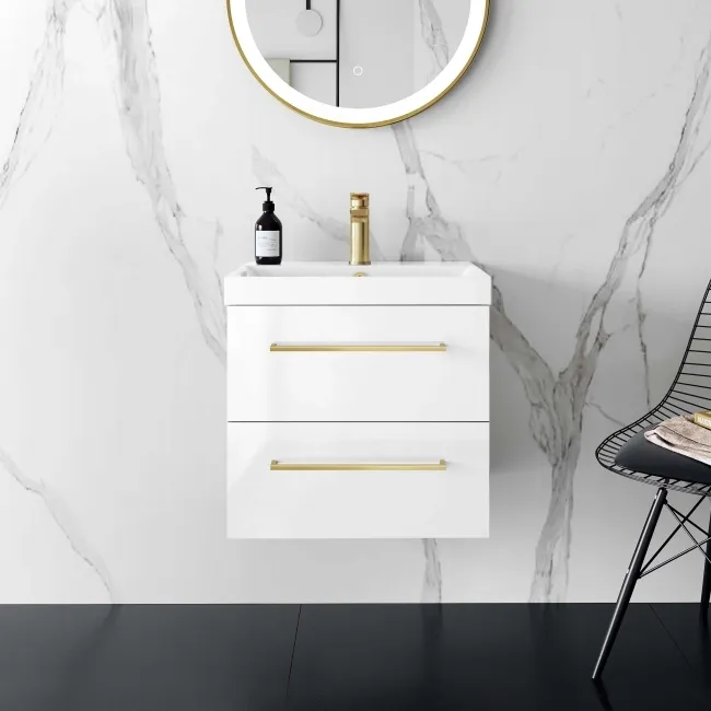Elba Gloss White Wall Hung Basin Drawer Vanity 500mm - Brushed Brass Accents