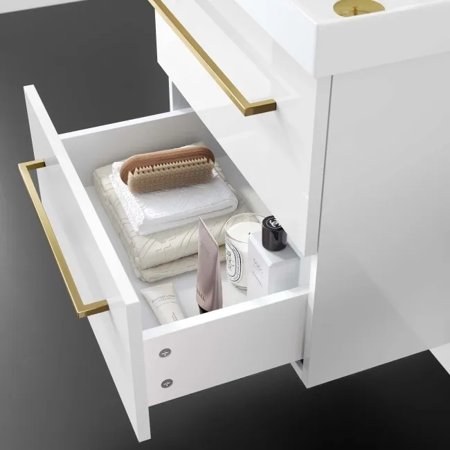 Elba Gloss White Wall Hung Basin Drawer Vanity 500mm - Brushed Brass Accents