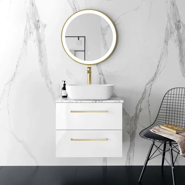 Elba Gloss White Wall Hung Drawer Vanity with Marble Top & Curved Counter Top Basin 600mm - Brushed Brass Accents