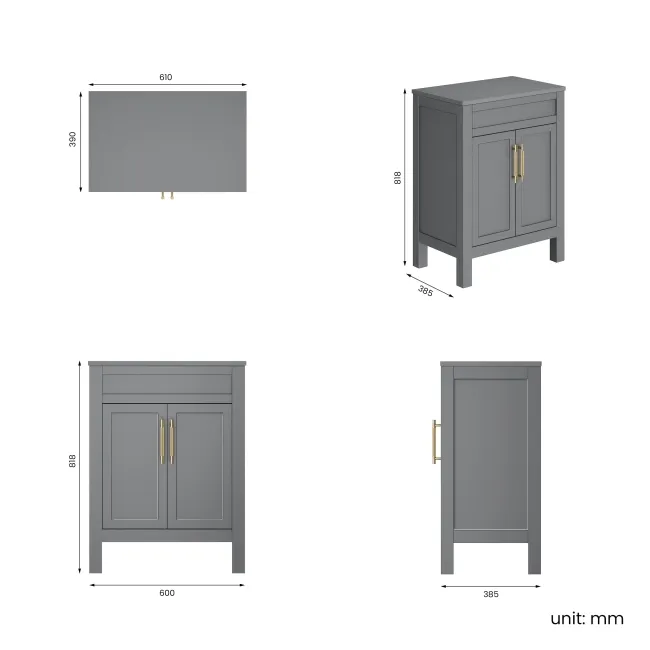 Bermuda Dove Grey Cabinet 600mm Excludes Counter Top Basin - Brass Knurled Handles