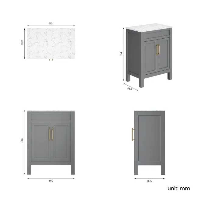 Bermuda Dove Grey Cabinet with Marble Top 600mm Excludes Counter Top Basin - Brass Knurled Handles