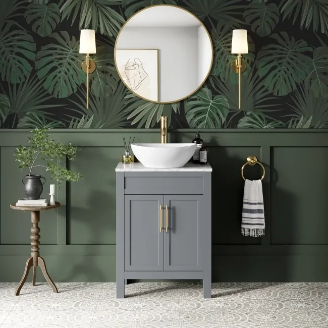 Bermuda Dove Grey Vanity with Marble Top & Oval Counter Top Basin 600mm - Brass Knurled Handles