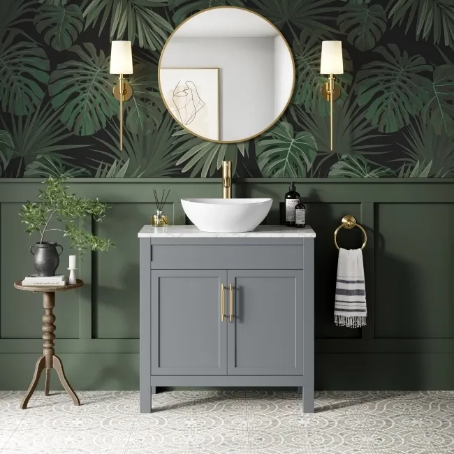 Bermuda Dove Grey Vanity with Marble Top & Oval Counter Top Basin 800mm - Brass Knurled Handles