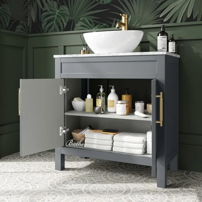 Bermuda Dove Grey Vanity with Marble Top & Oval Counter Top Basin 800mm - Brass Knurled Handles
