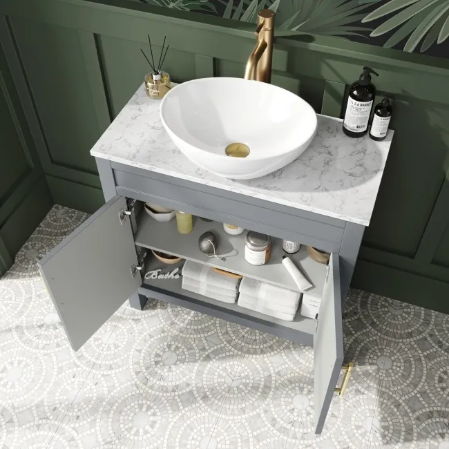 Bermuda Dove Grey Vanity with Marble Top & Oval Counter Top Basin 800mm - Brass Knurled Handles