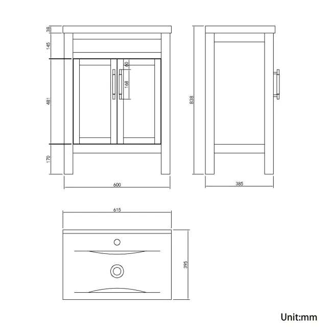 Bermuda Chalk White Basin Vanity 600mm - Brass Knurled Handles