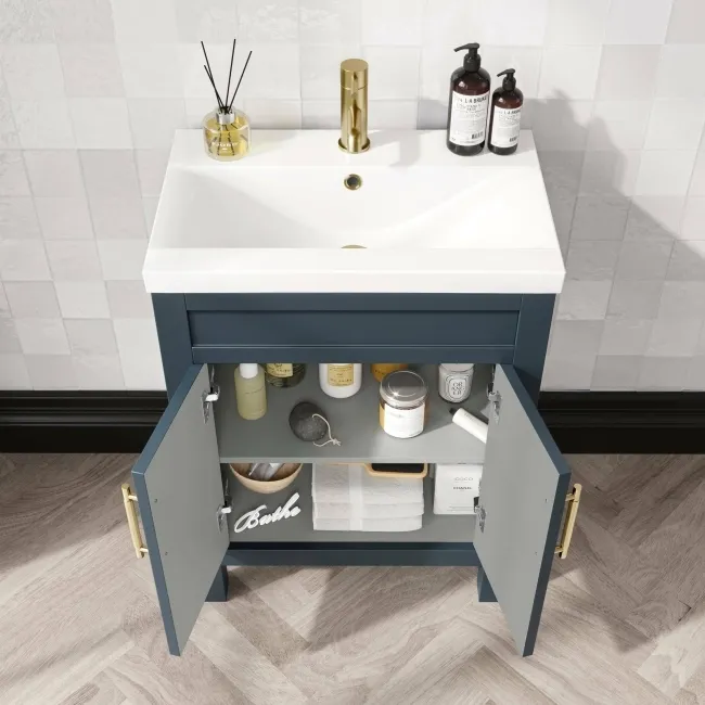 Bermuda Inky Blue Basin Vanity 600mm - Brass Knurled Handles