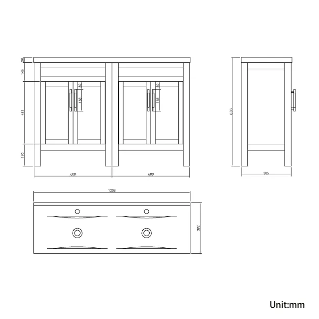 Bermuda Inky Blue Double Basin Vanity 1200mm - Brass Knurled Handles