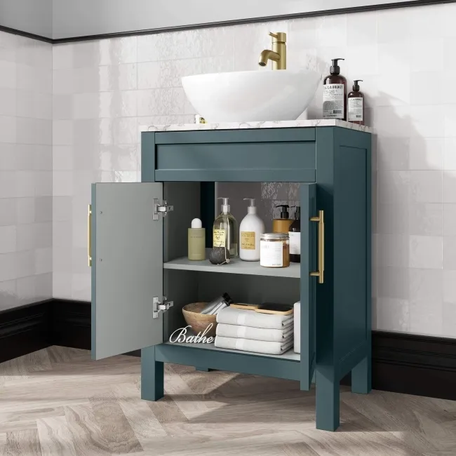 Bermuda Midnight Green Vanity with Marble Top & Oval Counter Top Basin 600mm - Brass Knurled Handles