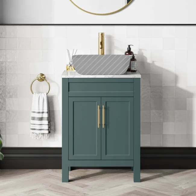 Bermuda Midnight Green Cabinet with Marble Top 600mm Excludes Counter Top Basin - Brass Knurled Handles