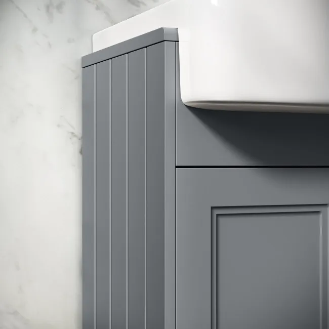 Monaco Dove Grey Combination Vanity Basin and Hudson Toilet with Wooden Seat 1500mm - Brass Knurled Handles