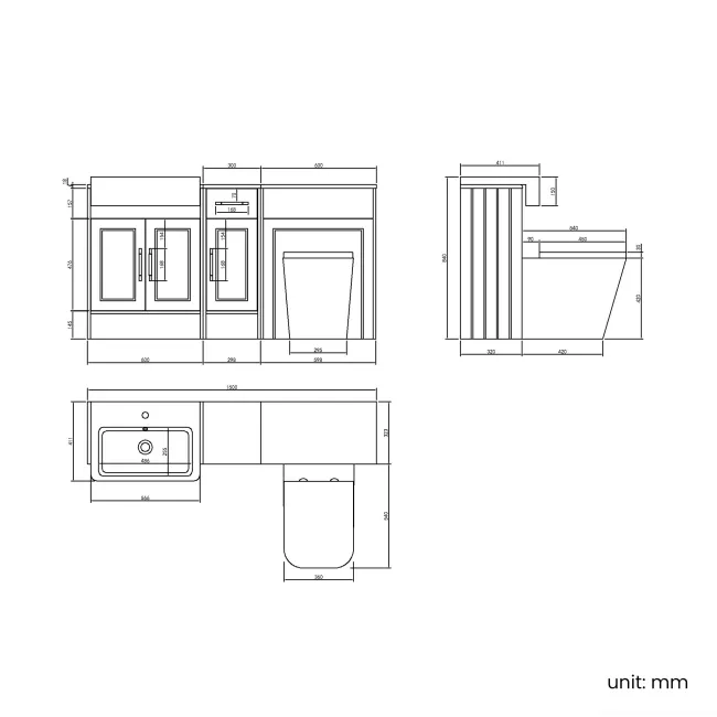 Monaco Dove Grey Combination Vanity Basin and Boston Toilet 1500mm - Brass Knurled Handles