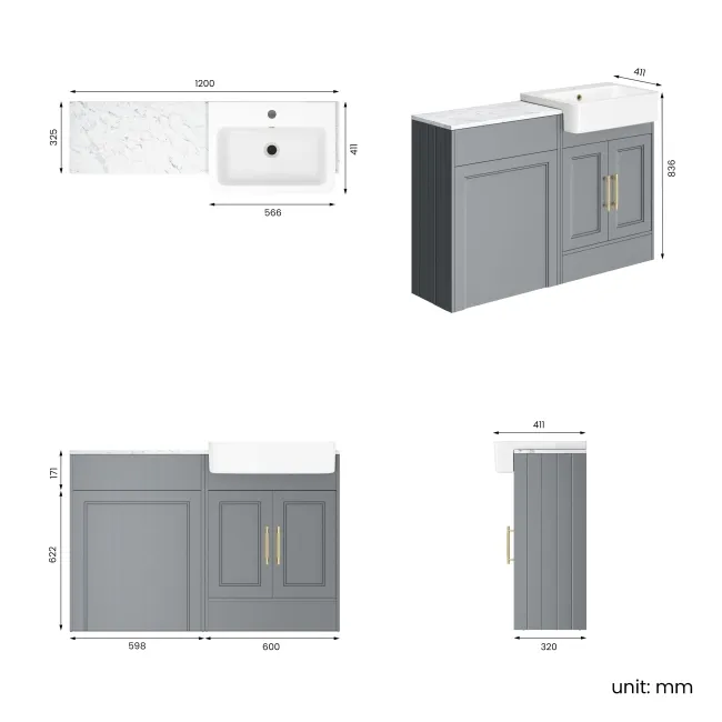 Monaco Dove Grey Combination Vanity Basin with Marble Top 1200mm (Excludes Pan & Cistern) - Brass Knurled Handles