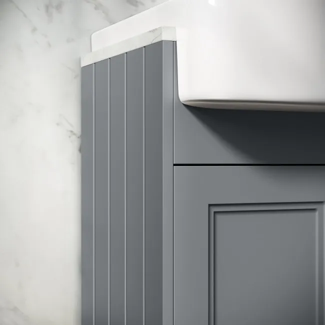 Monaco Dove Grey Combination Vanity Basin with Marble Top and Seattle Toilet 1500mm - Brass Knurled Handles