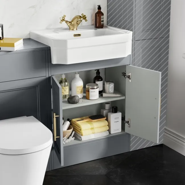 Monaco Dove Grey Combination Vanity Traditional Basin and Boston Toilet 1200mm - Brass Knurled Handles