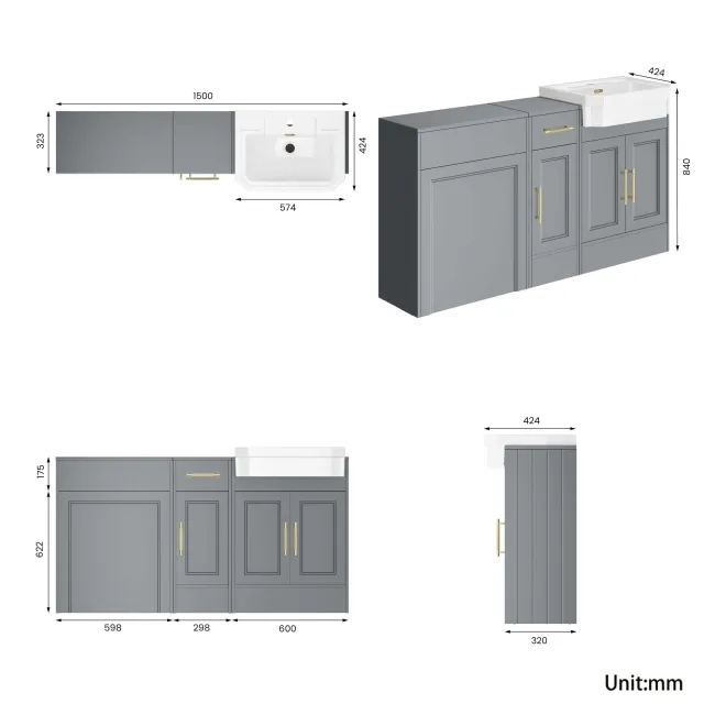 Monaco Dove Grey Combination Vanity Traditional Basin 1500mm (Excludes Pan & Cistern) - Brass Knurled Handles