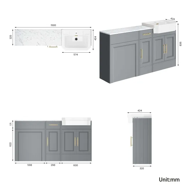 Monaco Dove Grey Combination Vanity Traditional Basin with Marble Top 1500mm (Excludes Pan & Cistern) - Brass Knurled Handles