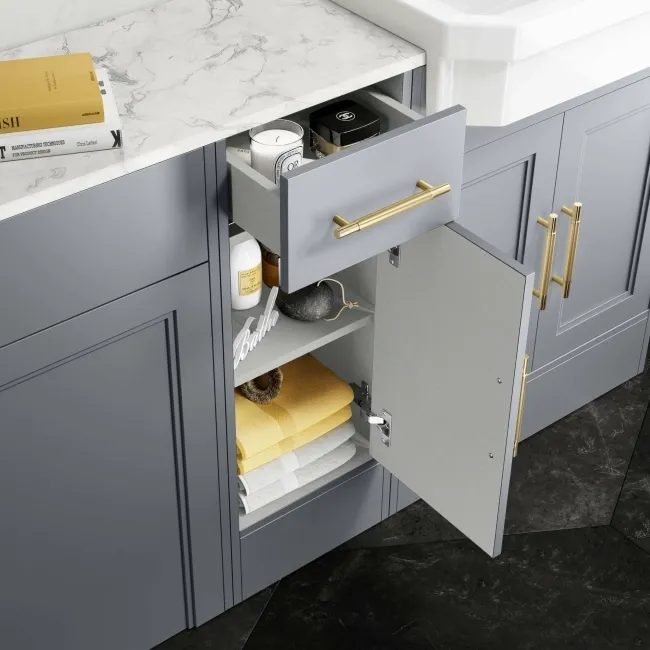 Monaco Dove Grey Combination Vanity Traditional Basin with Marble Top and Seattle Toilet 1500mm - Brass Knurled Handles