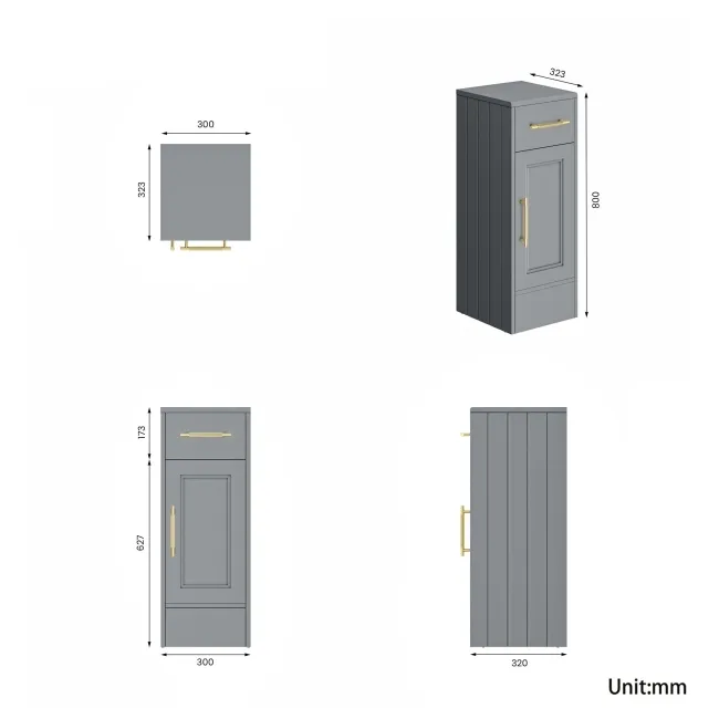 Monaco Dove Grey Side Cabinet Unit 300mm - Brass Knurled Handles